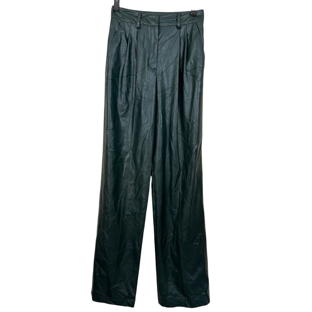 Aknvas Faux Leather Pleated Pants Womens Sz 6 Dark Green Pocket High Waist USA
